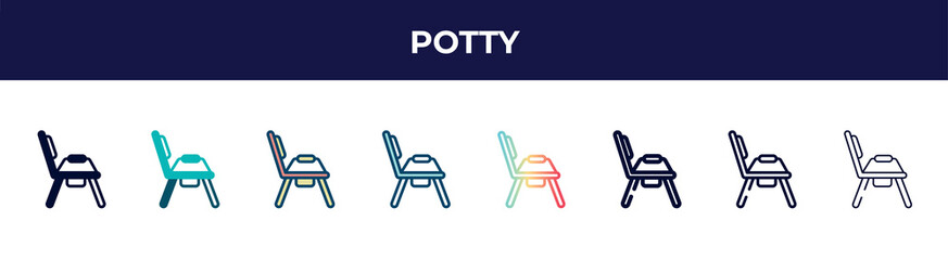 potty icon in 8 styles. line, filled, glyph, thin outline, colorful, stroke and gradient styles, potty vector sign. symbol, logo illustration. different style icons set.