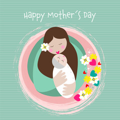 Mother holding and kissing tenderly baby with greeting text