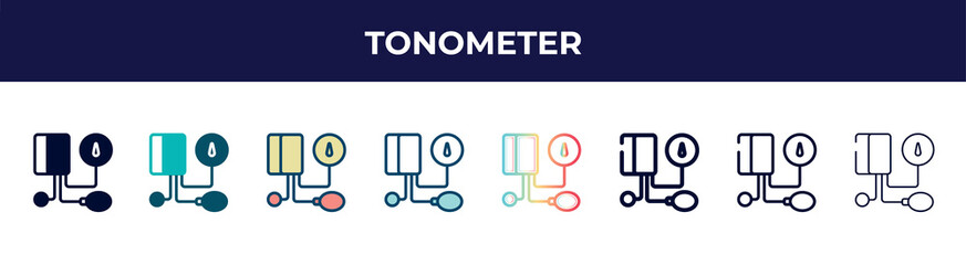 Fototapeta premium tonometer icon in 8 styles. line, filled, glyph, thin outline, colorful, stroke and gradient styles, tonometer vector sign. symbol, logo illustration. different style icons set.