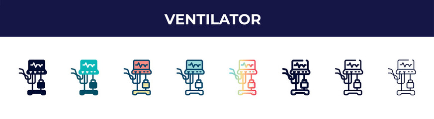 ventilator icon in 8 styles. line, filled, glyph, thin outline, colorful, stroke and gradient styles, ventilator vector sign. symbol, logo illustration. different style icons set.