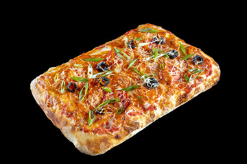 Pizza with cheese, olives and green onions. On a black isolated background.