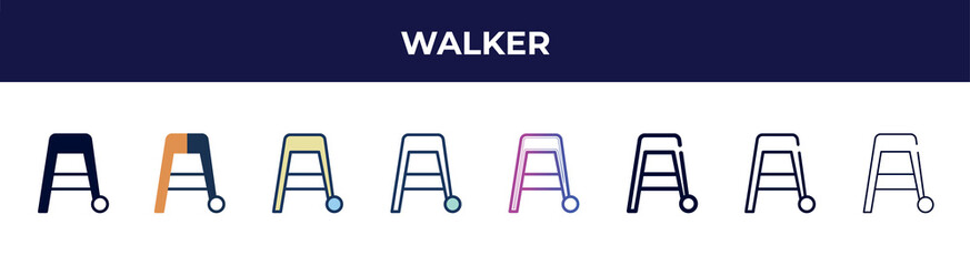 walker icon in 8 styles. line, filled, glyph, thin outline, colorful, stroke and gradient styles, walker vector sign. symbol, logo illustration. different style icons set.