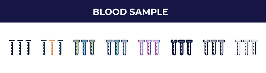 blood sample icon in 8 styles. line, filled, glyph, thin outline, colorful, stroke and gradient styles, blood sample vector sign. symbol, logo illustration. different style icons set.