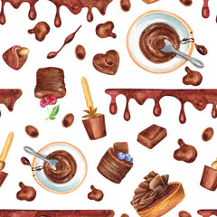 Chocolate, sweet food, desserts seamless pattern.  Isolated elements. Stock illustration. Hand painted in watercolor.