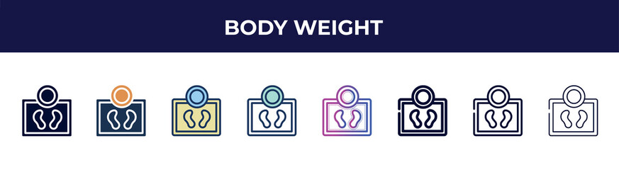 body weight icon in 8 styles. line, filled, glyph, thin outline, colorful, stroke and gradient styles, body weight vector sign. symbol, logo illustration. different style icons set.