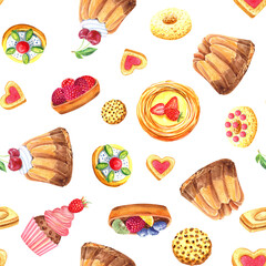 Chocolate, sweet food, desserts seamless pattern.  Isolated elements. Stock illustration. Hand painted in watercolor.