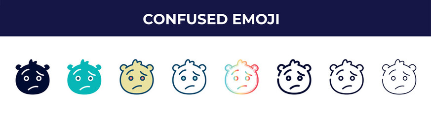 confused emoji icon in 8 styles. line, filled, glyph, thin outline, colorful, stroke and gradient styles, confused emoji vector sign. symbol, logo illustration. different style icons set.