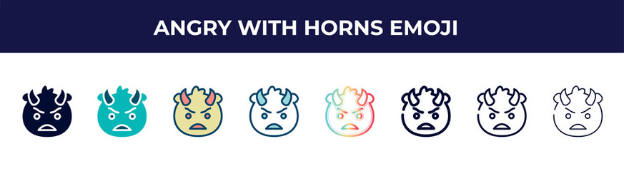 angry with horns emoji icon in 8 styles. line, filled, glyph, thin outline, colorful, stroke and gradient styles, angry with horns emoji vector sign. symbol, logo illustration. different style icons