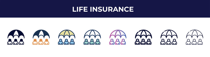 life insurance icon in 8 styles. line, filled, glyph, thin outline, colorful, stroke and gradient styles, life insurance vector sign. symbol, logo illustration. different style icons set.