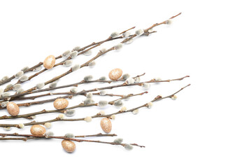 Pussy willow branches with glitter easter eggs, spring holiday decoration and seasonal celebration © Pixel-Shot