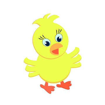 Cute yellow chick. Cartoon character chicken. Funny yellow chicken in cartoon style. Suitable for Easter cards, children's books. Stock vector isolated image on a white background.
