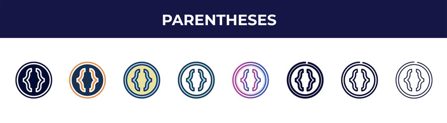 parentheses icon in 8 styles. line, filled, glyph, thin outline, colorful, stroke and gradient styles, parentheses vector sign. symbol, logo illustration. different style icons set.