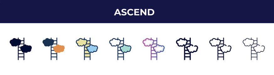 ascend icon in 8 styles. line, filled, glyph, thin outline, colorful, stroke and gradient styles, ascend vector sign. symbol, logo illustration. different style icons set.