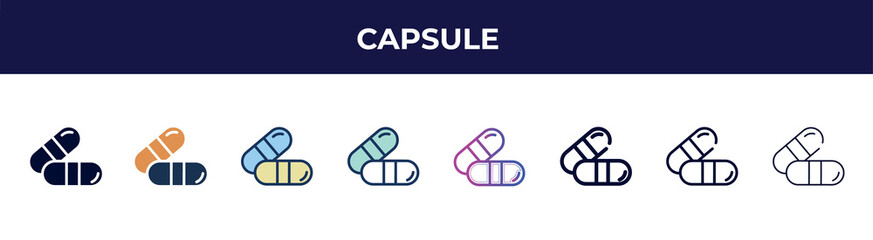 capsule icon in 8 styles. line, filled, glyph, thin outline, colorful, stroke and gradient styles, capsule vector sign. symbol, logo illustration. different style icons set.