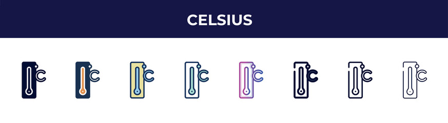celsius icon in 8 styles. line, filled, glyph, thin outline, colorful, stroke and gradient styles, celsius vector sign. symbol, logo illustration. different style icons set.