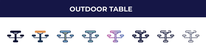 outdoor table icon in 8 styles. line, filled, glyph, thin outline, colorful, stroke and gradient styles, outdoor table vector sign. symbol, logo illustration. different style icons set.