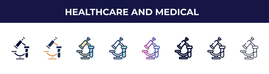 healthcare and medical icon in 8 styles. line, filled, glyph, thin outline, colorful, stroke and gradient styles, healthcare and medical vector sign. symbol, logo illustration. different style icons