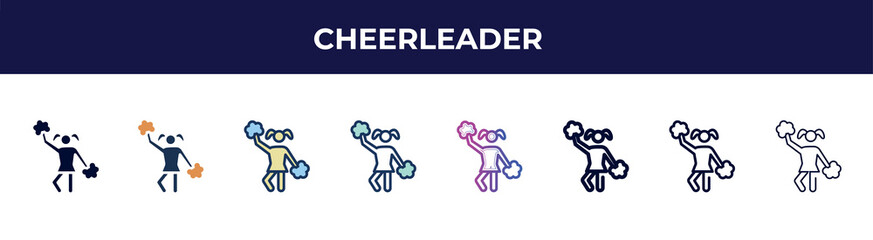 cheerleader icon in 8 styles. line, filled, glyph, thin outline, colorful, stroke and gradient styles, cheerleader vector sign. symbol, logo illustration. different style icons set.