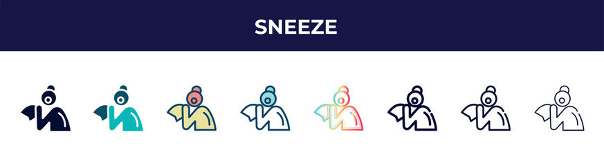 sneeze icon in 8 styles. line, filled, glyph, thin outline, colorful, stroke and gradient styles, sneeze vector sign. symbol, logo illustration. different style icons set.