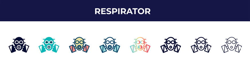 respirator icon in 8 styles. line, filled, glyph, thin outline, colorful, stroke and gradient styles, respirator vector sign. symbol, logo illustration. different style icons set.