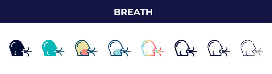 breath icon in 8 styles. line, filled, glyph, thin outline, colorful, stroke and gradient styles, breath vector sign. symbol, logo illustration. different style icons set.