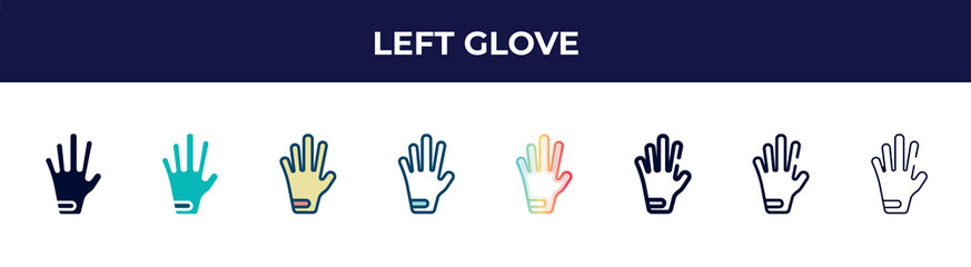 left glove icon in 8 styles. line, filled, glyph, thin outline, colorful, stroke and gradient styles, left glove vector sign. symbol, logo illustration. different style icons set.