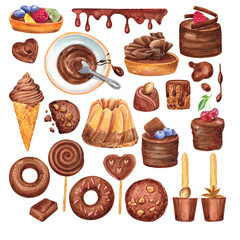Chocolate, sweet food, donuts, muffins, desserts, cake, bonbons  clip art. Isolated elements. Stock illustration. Hand painted in watercolor.