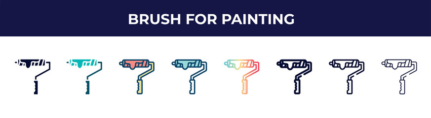 brush for painting icon in 8 styles. line, filled, glyph, thin outline, colorful, stroke and gradient styles, brush for painting vector sign. symbol, logo illustration. different style icons set.