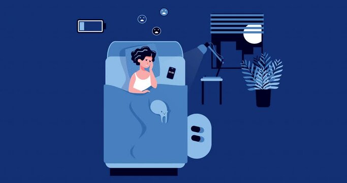 A woman suffers from insomnia lying in a bedroom at night with a discharged battery. Stress, depression, disorder, nightmares. Biological rhythms disturbance. Insomnia concept. Animation. 4K video.