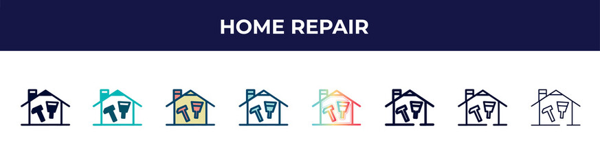 home repair icon in 8 styles. line, filled, glyph, thin outline, colorful, stroke and gradient styles, home repair vector sign. symbol, logo illustration. different style icons set.