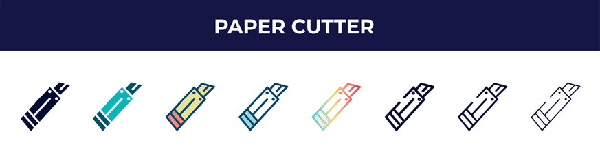 paper cutter icon in 8 styles. line, filled, glyph, thin outline, colorful, stroke and gradient styles, paper cutter vector sign. symbol, logo illustration. different style icons set.