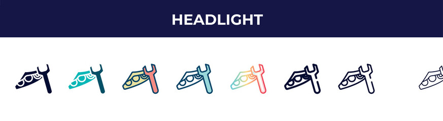headlight icon in 8 styles. line, filled, glyph, thin outline, colorful, stroke and gradient styles, headlight vector sign. symbol, logo illustration. different style icons set.