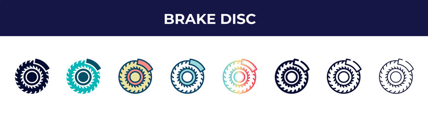 brake disc icon in 8 styles. line, filled, glyph, thin outline, colorful, stroke and gradient styles, brake disc vector sign. symbol, logo illustration. different style icons set.