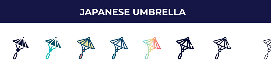japanese umbrella icon in 8 styles. line, filled, glyph, thin outline, colorful, stroke and gradient styles, japanese umbrella vector sign. symbol, logo illustration. different style icons set.