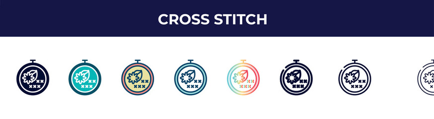 cross stitch icon in 8 styles. line, filled, glyph, thin outline, colorful, stroke and gradient styles, cross stitch vector sign. symbol, logo illustration. different style icons set.