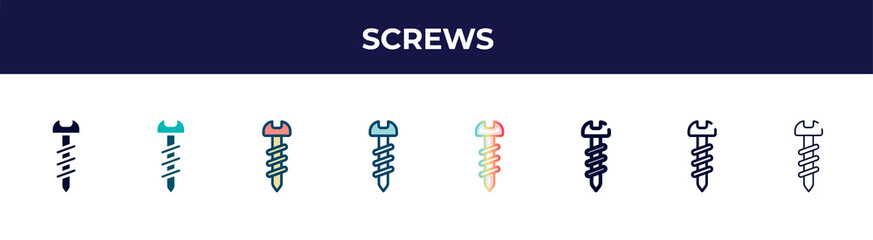 screws icon in 8 styles. line, filled, glyph, thin outline, colorful, stroke and gradient styles, screws vector sign. symbol, logo illustration. different style icons set. - obrazy, fototapety, plakaty