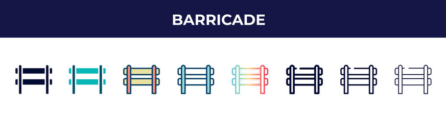 barricade icon in 8 styles. line, filled, glyph, thin outline, colorful, stroke and gradient styles, barricade vector sign. symbol, logo illustration. different style icons set.