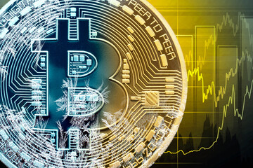 Cryptocurrency Bitcoin on the background of charts. finance technology illustration