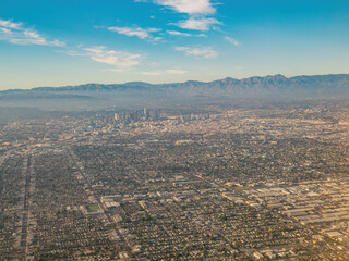 Aerial view of Los Angeles downtown, view from window seat in an airplane