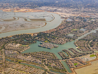 Aerial view of the Bair Island State Marine Park and cityscape