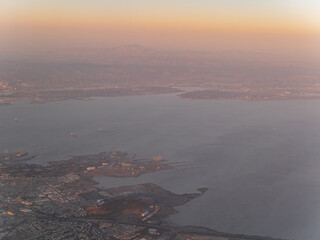 Sunset aerial view of the San Francisco Bay and cityscape