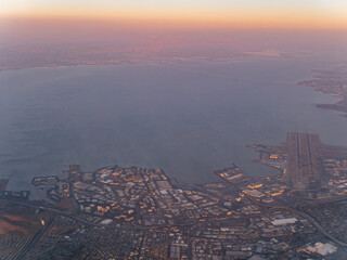 Sunset aerial view of the San Francisco Bay and cityscape