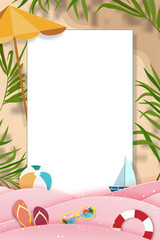 Summer background with beach vacation holiday theme in pink wave layer and copy space,Vector flat lay paper cut of tropical summer design, palm leaf and cloud on sandy beach background