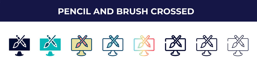 pencil and brush crossed icon in 8 styles. line, filled, glyph, thin outline, colorful, stroke and gradient styles, pencil and brush crossed vector sign. symbol, logo illustration. different style