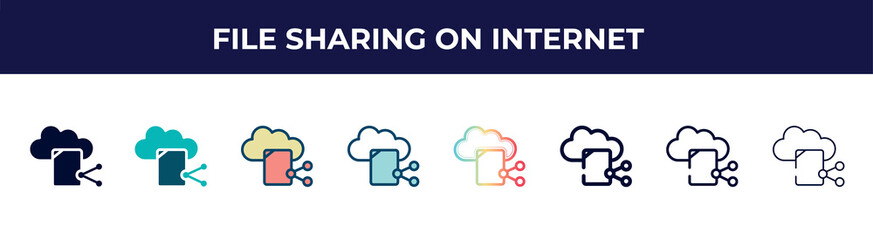 file sharing on internet icon in 8 styles. line, filled, glyph, thin outline, colorful, stroke and gradient styles, file sharing on internet vector sign. symbol, logo illustration. different style