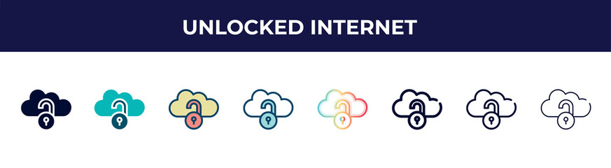 unlocked internet icon in 8 styles. line, filled, glyph, thin outline, colorful, stroke and gradient styles, unlocked internet vector sign. symbol, logo illustration. different style icons set.