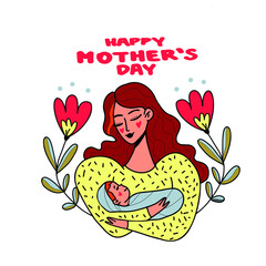 A loving mother holds a baby in her arms. On the background of flowers. Happy mother's day. Mother's day card. Vector flat illustration isolated on white background.