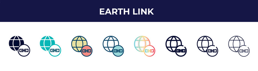 earth link icon in 8 styles. line, filled, glyph, thin outline, colorful, stroke and gradient styles, earth link vector sign. symbol, logo illustration. different style icons set.