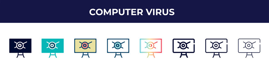 computer virus icon in 8 styles. line, filled, glyph, thin outline, colorful, stroke and gradient styles, computer virus vector sign. symbol, logo illustration. different style icons set.