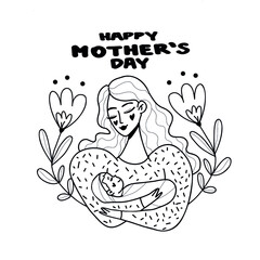 A loving mother holds a baby in her arms. On the background of flowers. Happy mother's day. Mother's day card. Vector flat illustration isolated on white background
